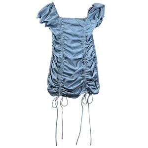 Love Tree Womens Ruched Bodycon Mini Dress Dusty Blue Puff Sleeve Smocked Large